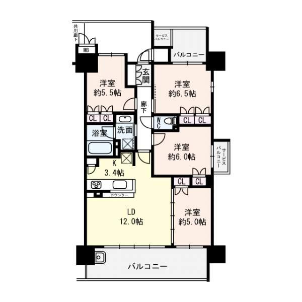 Floor plan. 4LDK, Price 34,500,000 yen, Occupied area 80.42 sq m , Balcony area 17.58 sq m 4LDK type