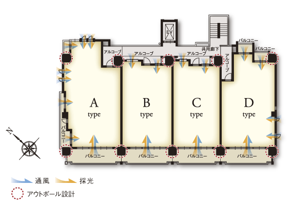 Features of the building.  [Floor layout] In dwelling place full of open feeling of the 1 floor 4 House, Ensure the privacy of. Daylighting ・ Excellent corner dwelling unit rate in ventilation is about 48% (floor layout)