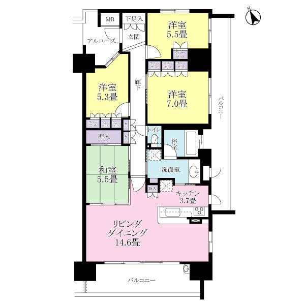 Floor plan. 4LDK, Price 35,800,000 yen, Occupied area 96.42 sq m , Balcony area 27.15 sq m