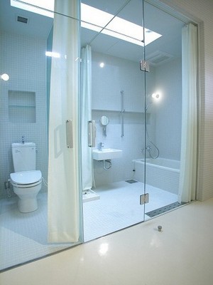 Bath. Glass-walled bathroom