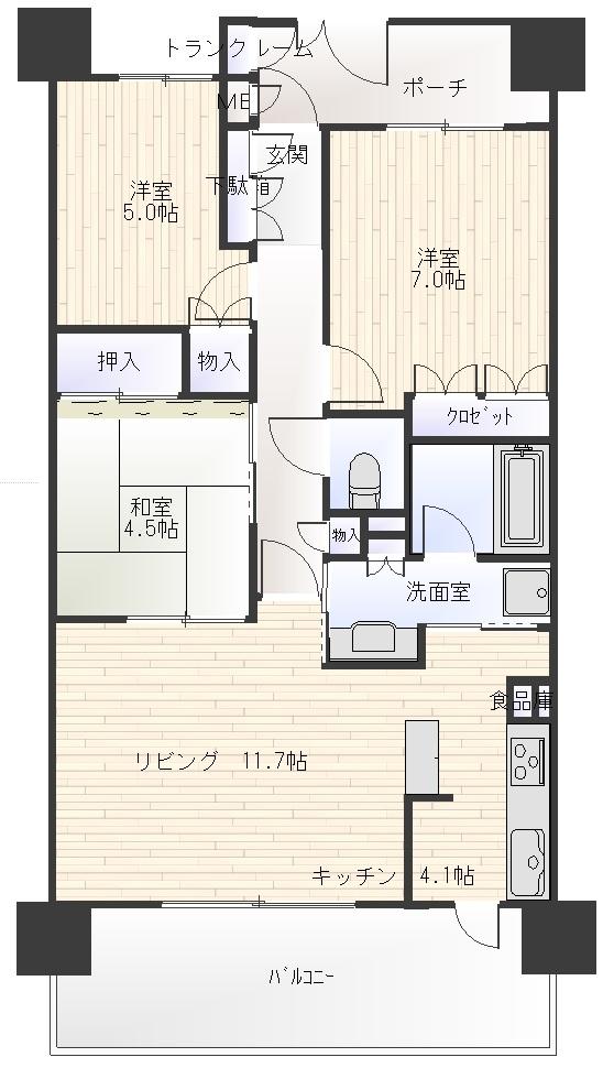Floor plan. 3LDK, Price 32,900,000 yen, Occupied area 76.12 sq m , Balcony area 14 sq m