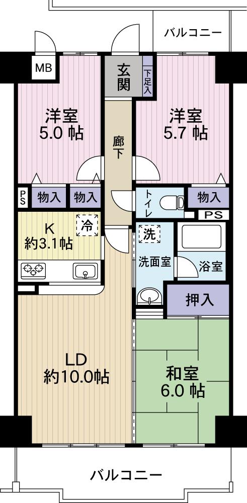 Floor plan. 3LDK, Price 17.8 million yen, Footprint 65.4 sq m , Balcony area 11.36 sq m