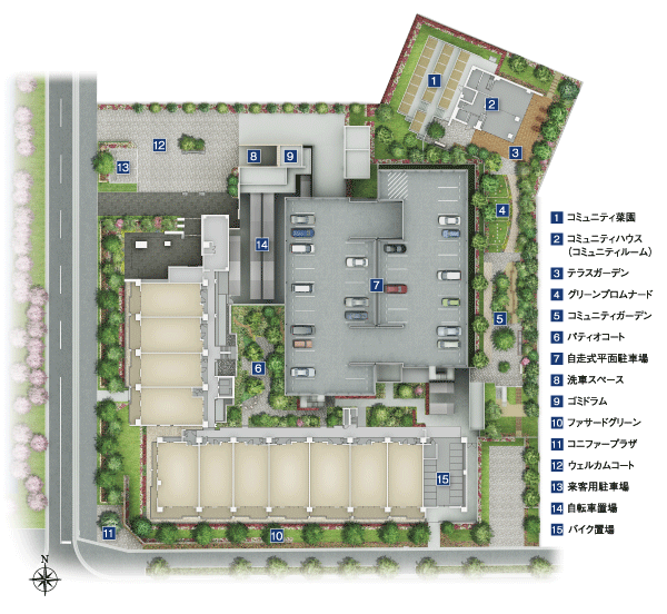 Features of the building.  [Land Plan] Live person petting place also is planning on the rich. To and out of the car easy to self-propelled plane parking is assured of 100% (site layout)