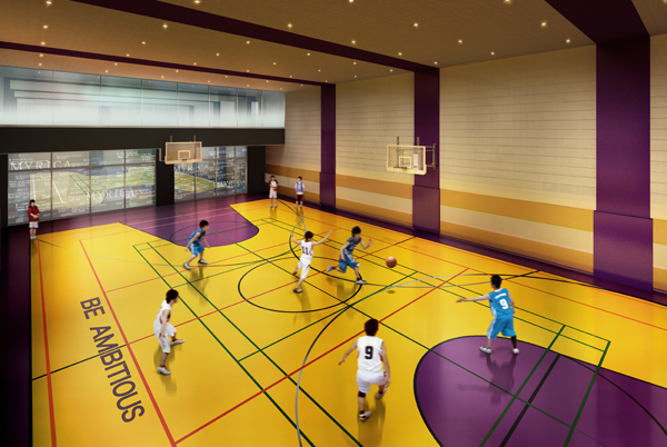 Shared facilities.  [Super Arena] About size 400 sq m  ・ Two-tier atrium "Super Arena" is, Mini basket, volleyball, Including the badminton court, Gymnasium is equipped with table tennis facilities. 100 inches screen and projector, Speakers are also equipped with, A large assembly room, Also recital, Can also be used for such screenings (Rendering)