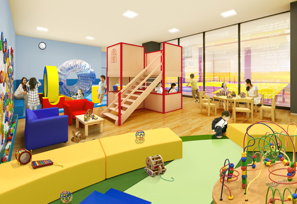 Shared facilities.  [Super Kids Room] To expand the KID-O-KID (Kidokido) "Bonerundo" is produced by "Super Kids Room". Size is about 100 sq m , As play to match the growth of children "active Corner", "Pretend play corner.", We divided into three zones of "Baby Corner". Plaything with consideration to safety also have chosen is "Bonerundo" (Rendering)