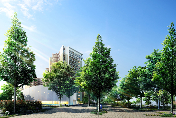 Features of the building.  [Northgate] North gate provided on the site north, It will provide a tree-lined zelkova. To Shigella the green leaves from spring, In the fall, you can enjoy full of seasonal such as the taste of fallen leaves scene (Rendering)