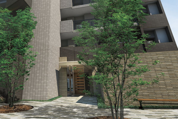 Features of the building.  [Entrance approach] The floors and walls from the tiled and entrance approach, Through play lots arranged bench, Green space in harmony with street trees on the front road. In it praised the grace in kindness look, Live better and makes the guest welcomed warmly (Rendering)