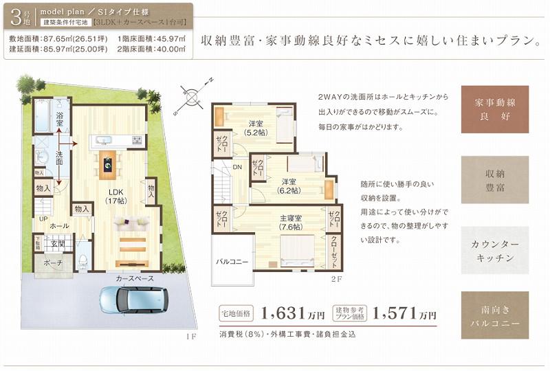 Building plan example (floor plan). Building plan example (MODEL PLAN (3 No. land) / SI type specification) 4LDK, Land price 16,310,000 yen, Land area 87.65 sq m , Building price 15,710,000 yen, Building area 85.97 sq m