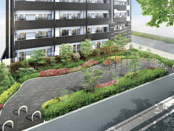Features of the building.  [Garden (provided Park)] Garden decor green and flowers to convey the changing of the seasons. This oasis of pergola and benches have been installed (Rendering)