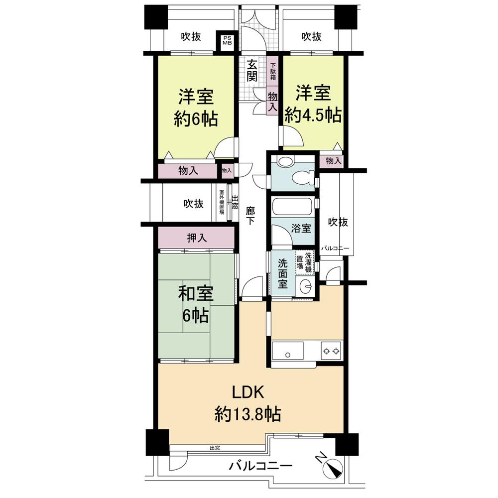 Floor plan. 3LDK, Price 12.8 million yen, Occupied area 73.12 sq m , Balcony area 9.17 sq m