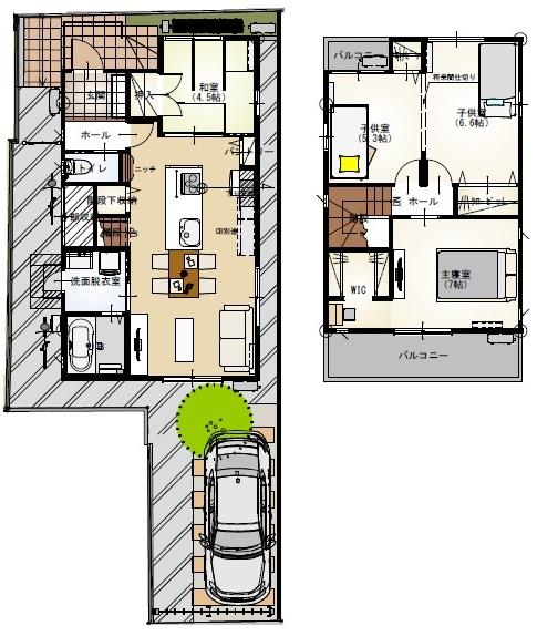Compartment view + building plan example. Building plan example, Land price 20 million yen, Land area 103.92 sq m , Building price 16,890,000 yen, Building area 90.72 sq m   ・ Land about 31.43 square meters ・ North-South double-sided road ・ Park walk 1 minute ・ Free design plan be changed