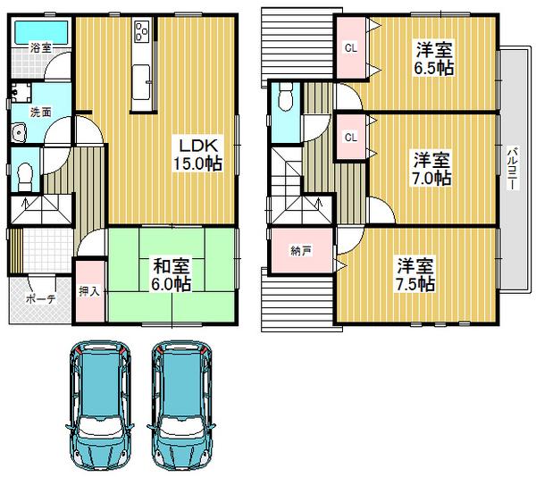 Floor plan. 30,900,000 yen, 4LDK, Land area 120.4 sq m , Building area 98.81 sq m 2 floor is bright because it faces the whole room balcony