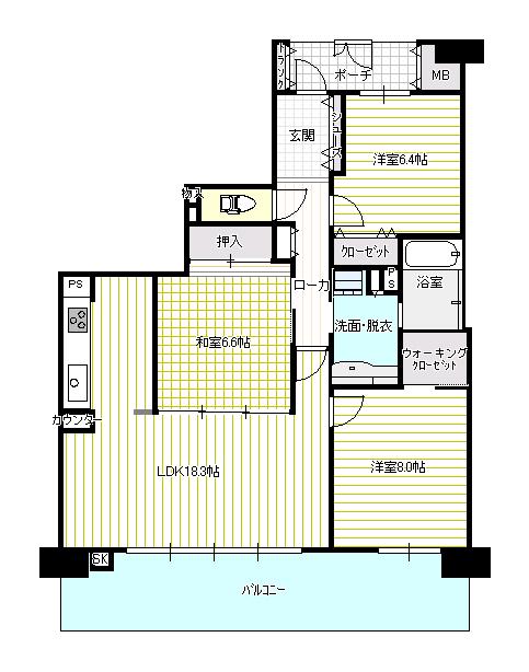 Floor plan. 3LDK, Price 25,800,000 yen, Occupied area 87.55 sq m , Balcony area 18.24 sq m 9m and the frontage is wide