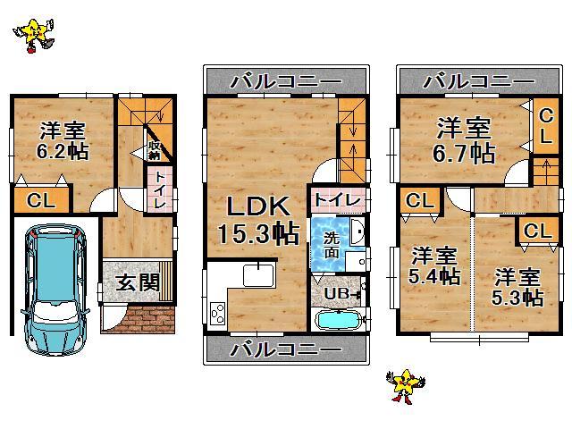 Floor plan. 26,400,000 yen, 4LDK, Land area 61.07 sq m , There is water around the building area 114.01 sq m 2 floor, Convenient! Three-sided balcony!