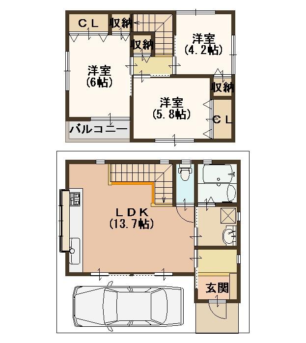 Compartment view + building plan example. Building plan example, Land price 10.1 million yen, Land area 57.22 sq m , Building price 14.7 million yen, Building area 65.61 sq m floor plan can be changed