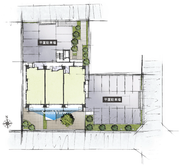 Features of the building.  [Land Plan] To highly independent of the three-way road location, Dwelling unit arrangement loose that one floor only three House. Sense of openness and daylighting ・ Ventilation of the height of the corner dwelling unit of charm, Overall about 68% of the. Plane parking lot that can be smooth in and out of car. In addition to such a luxurious land plan, Dwelling unit because all the residence is south-facing, Even more high lighting of, It is comfortably could live likely (site layout)
