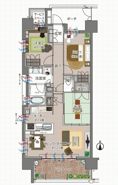 Other. B type ・ 3LDK (furniture arrangement example) ● footprint / 70.51 sq m ● balcony area / 10.55 sq m ● porch area / 7.56 sq m ● Service space area / 1.98 sq m