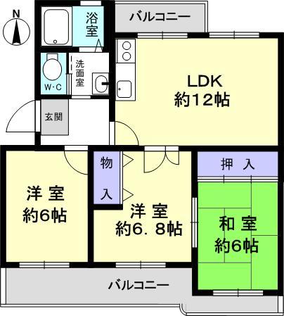 Floor plan. 3LDK, Price 9.5 million yen, Occupied area 64.81 sq m , Balcony area 11.1 sq m