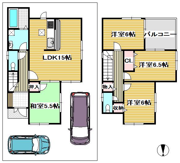 Floor plan. 33,800,000 yen, 4LDK, Land area 105.82 sq m , Building area 92.34 sq m car park two, South is a popular floor plan, such as a wide balcony facing