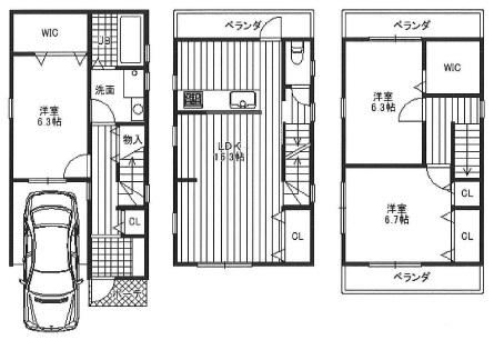 Floor plan. 25,380,000 yen, 3LDK, Land area 64.57 sq m , We offer a building area 114.6 sq m walk-in closet in 2 rooms! All room 6.3 Pledge or more of flooring! The room will Katazuki clean with sufficient storage capacity