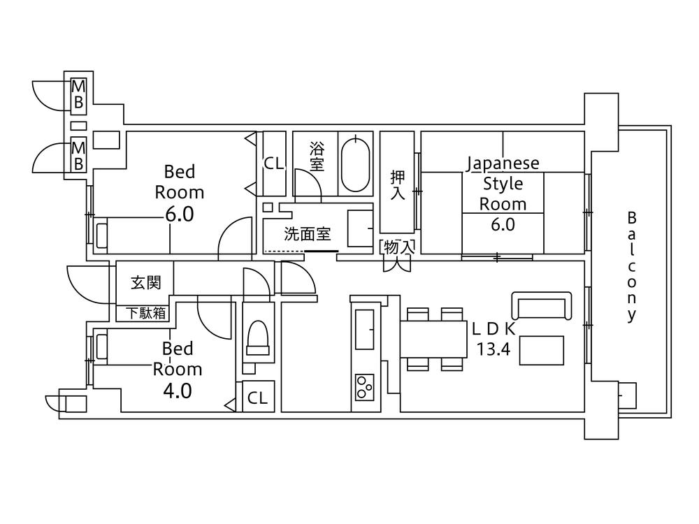 Floor plan. 3LDK, Price 22.5 million yen, Occupied area 63.52 sq m , Balcony area 10.98 sq m 3LDK ・ Total floor space / 63.52 square meters