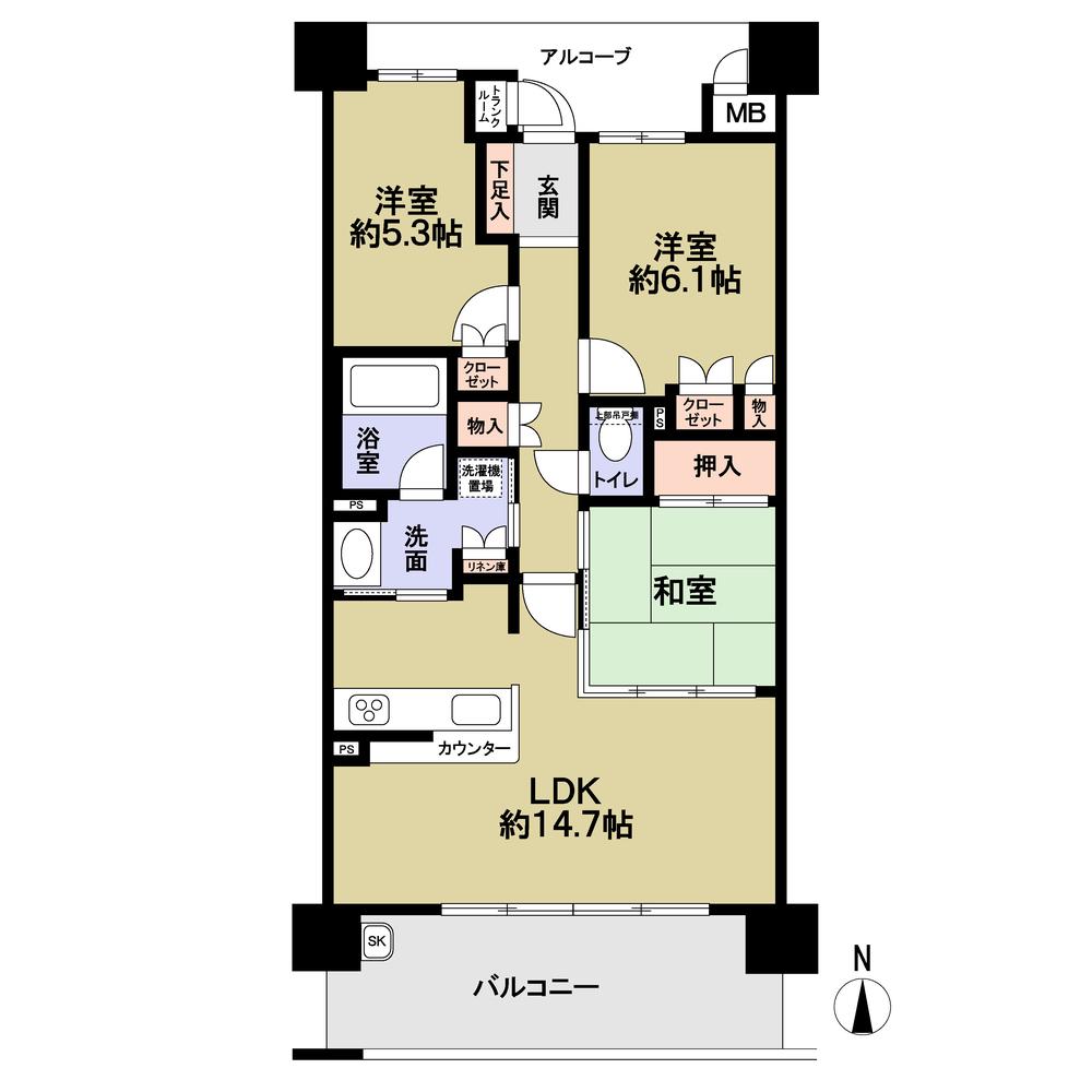 Floor plan. 3LDK, Price 27,800,000 yen, Occupied area 68.95 sq m , Balcony area 12.5 sq m