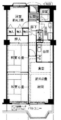 Floor plan. 3LDK, Price 14.8 million yen, Occupied area 66.17 sq m , Situated on the balcony area 7.48 sq m hill, View is good because there is no building in front! You can live happily and happy pet breeding possible condominium important your family! Supermarket ・ Useful life pharmacy, etc. is near! Leave a new life in a calm environment ◎