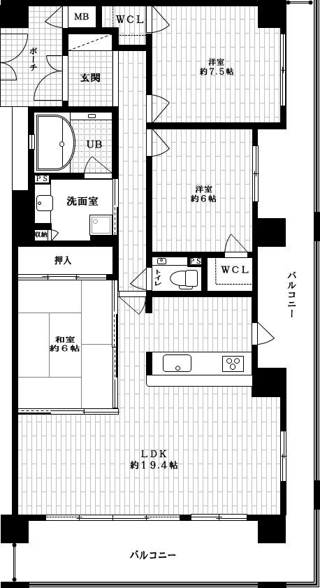 Floor plan. 3LDK, Price 36,800,000 yen, Occupied area 89.75 sq m , Balcony area 34.37 sq m