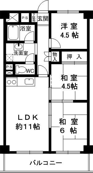 Floor plan. 3LDK, Price 8.8 million yen, Occupied area 58.41 sq m , Balcony area 8.85 sq m