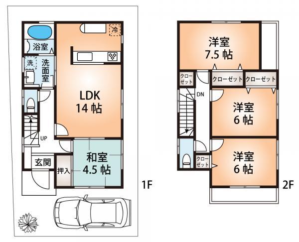 Floor plan. 26,800,000 yen, 4LDK, Land area 87.55 sq m , Building area 93.56 sq m Floor Plan (4LDK + parking) balcony there in two faces.