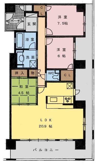 Floor plan. 3LDK, Price 38,700,000 yen, Occupied area 89.75 sq m , Balcony area 34.37 sq m