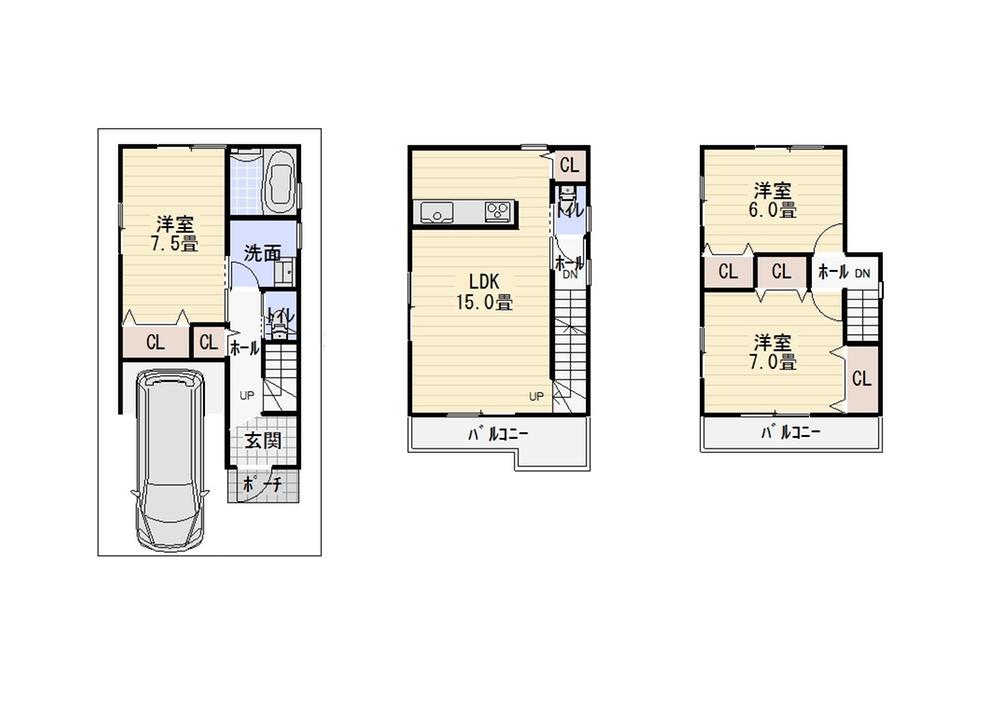 Floor plan. 27,800,000 yen, 3LDK, Land area 61.05 sq m , Building area 91.11 sq m 1F32.80 sq m 2F30.37 sq m 3F27.94 sq m total 91.11 sq m