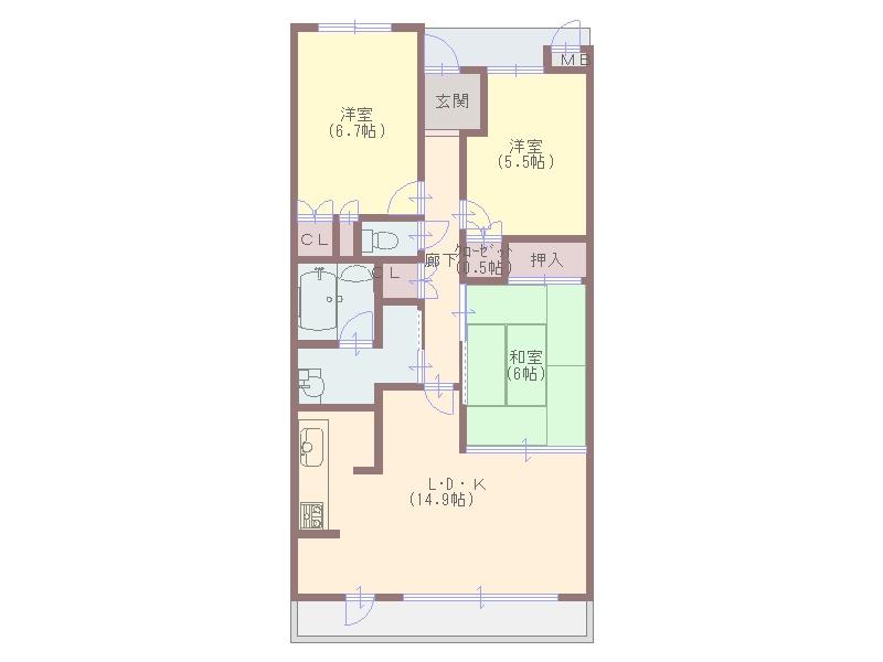 Floor plan. 3LDK, Price 26,800,000 yen, Occupied area 73.47 sq m , Balcony area 13.2 sq m
