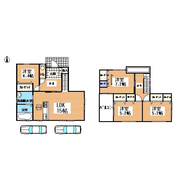 Building plan example (floor plan). Building plan example (B No. land) 4LDK, Land price 19,360,000 yen, Land area 100 sq m , Building price 14,370,000 yen, Building area 90.72 sq m