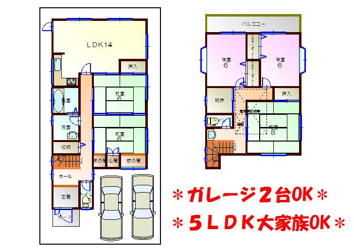 Floor plan. 14.8 million yen, 5LDK, Land area 135.81 sq m , Building area 124.2 sq m large family friendly 5LDK is no 's medium. 