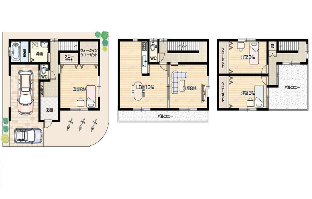 Floor plan. 25,800,000 yen, 4LDK, Land area 90.56 sq m , Building area 111.78 sq m parking two! It is the southeast corner lot !! properties with roof balcony !!! all are aligned.