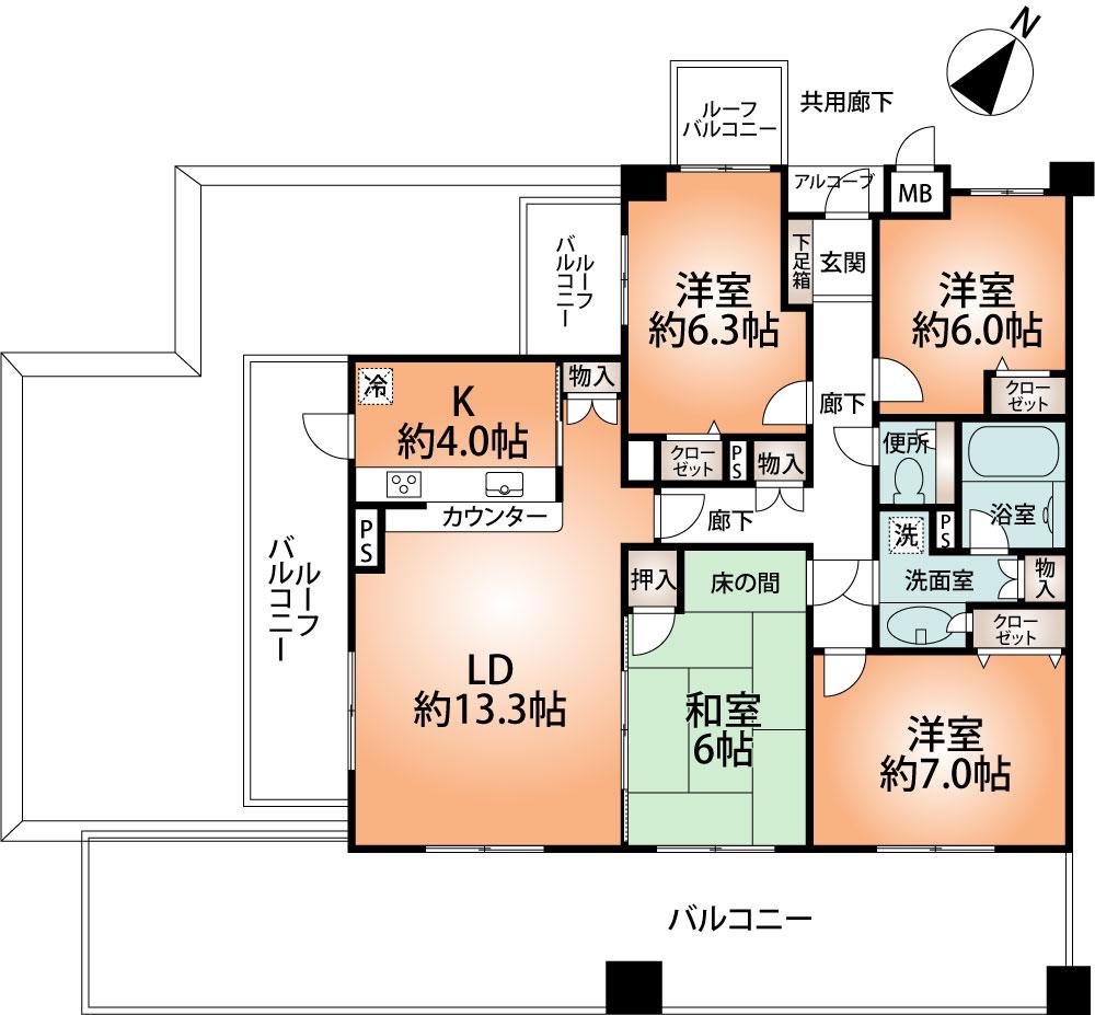 Floor plan. 4LDK, Price 25 million yen, Occupied area 91.56 sq m , Balcony area 34.01 sq m