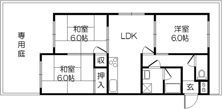 Floor plan. 3LDK, Price 7.5 million yen, Occupied area 55.34 sq m , Balcony area is 2.43 sq m 1 Kaikaku room. Large private garden with.