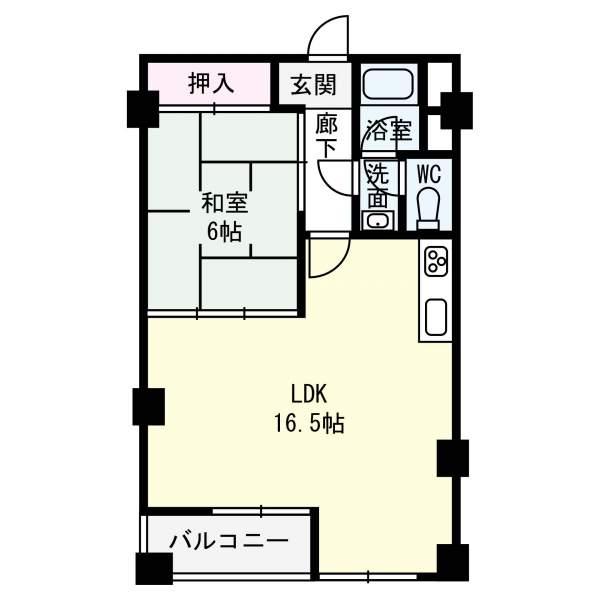 Floor plan. 1LDK, Price 8.88 million yen, Occupied area 46.98 sq m , Balcony area 3.24 sq m