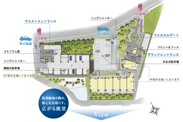 Buildings and facilities. In addition to the mechanical parking on site, Also installation convenient self-propelled parking in and out of the car. Views of the south-facing center, Looking at the Crane, You can overlooking the city center (site layout)
