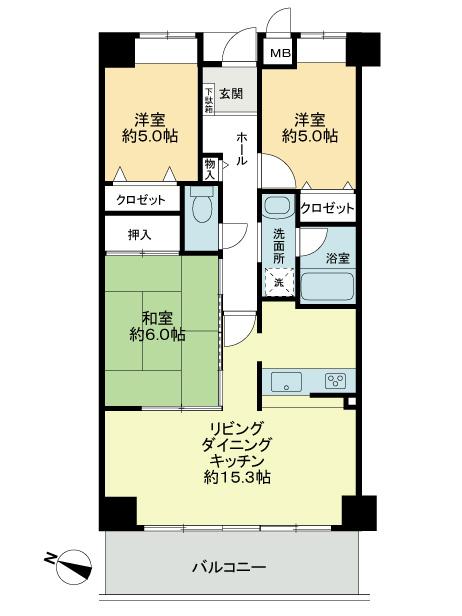 Floor plan. 3LDK, Price 19,800,000 yen, Occupied area 69.28 sq m , Balcony area 9.15 sq m