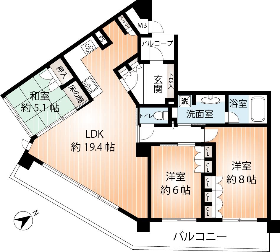 Floor plan. 3LDK, Price 33,800,000 yen, Occupied area 86.89 sq m , Balcony area 22.09 sq m