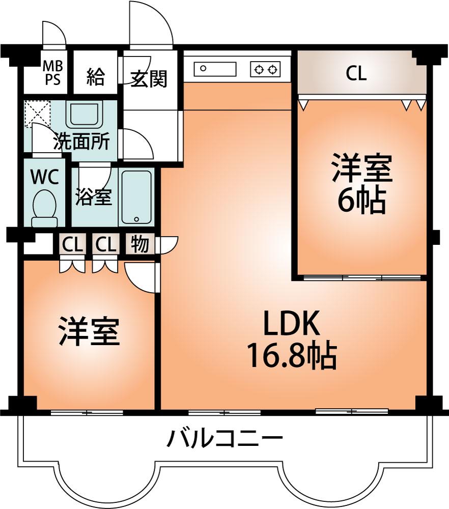Floor plan. 2LDK, Price 13.5 million yen, Footprint 64.4 sq m , Balcony area 10.44 sq m