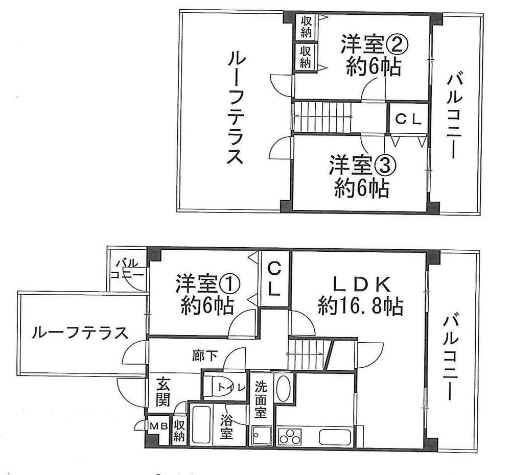 Floor plan. 3LDK, Price 24,800,000 yen, Occupied area 87.29 sq m , Balcony area 13.06 sq m ・ It is the top floor of the maisonette