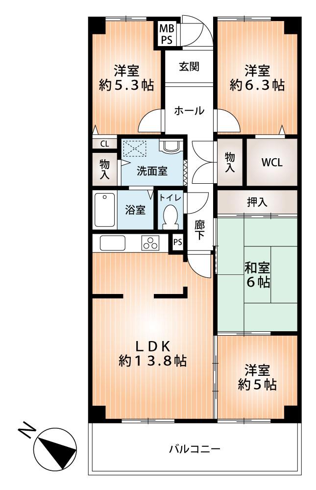 Floor plan. 4LDK, Price 19,800,000 yen, Occupied area 80.19 sq m , Balcony area 8.82 sq m