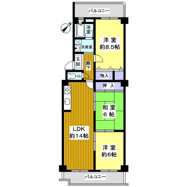 Floor plan. 3LDK, Price 12.8 million yen, Occupied area 72.81 sq m , Balcony area 13.96 sq m