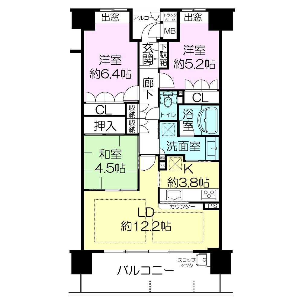 Floor plan. 3LDK, Price 40,800,000 yen, Occupied area 72.39 sq m , Balcony area 13.3 sq m