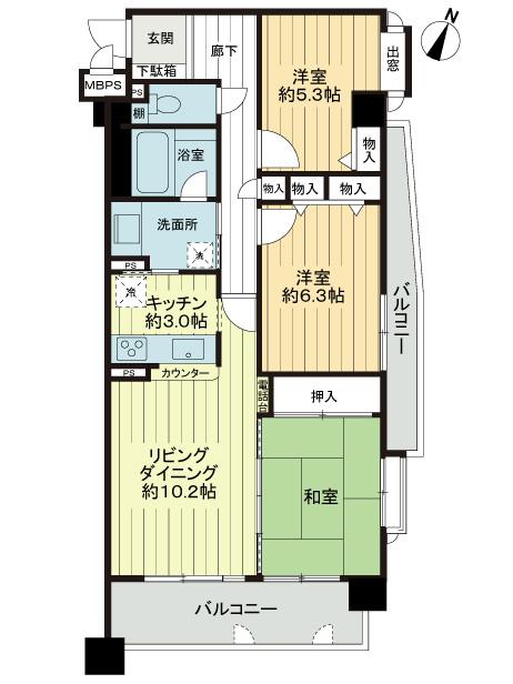 Floor plan. 3LDK, Price 22,800,000 yen, Occupied area 74.37 sq m , Balcony area 14.56 sq m