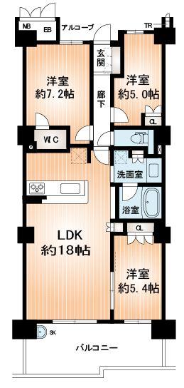 Floor plan. 3LDK, Price 33,800,000 yen, Occupied area 76.37 sq m , Balcony area 12.91 sq m