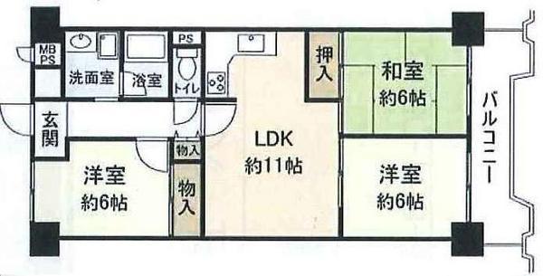 Floor plan. 3LDK, Price 13.8 million yen, Footprint 66 sq m , Balcony area 7.66 sq m